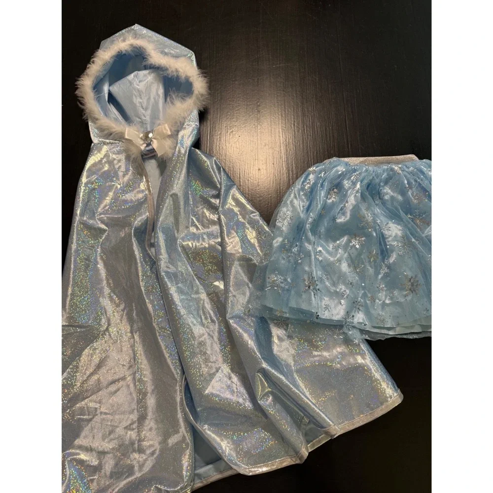 Kids Dress Up Costume Set 3 Tutus and Shimmering Hooded Cape Rainbow Blue Pink